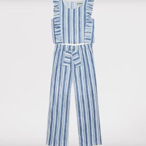 Rare Editions Big Girls Blue White Woven Cotton Stripe Ruffle Top-Pant Size 12